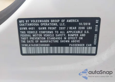 2019 Volkswagen Passat 2.0T Wolfsburg Edition from USA, damaged, VIN 1VWLA7A33KC005980
